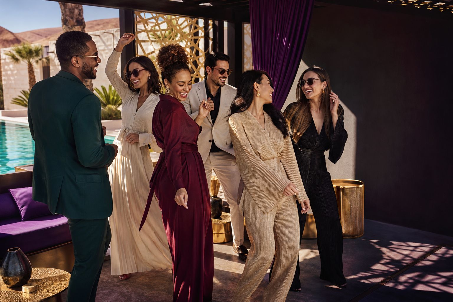 A fictional adult group celebrating in an imagined luxury resort cabana