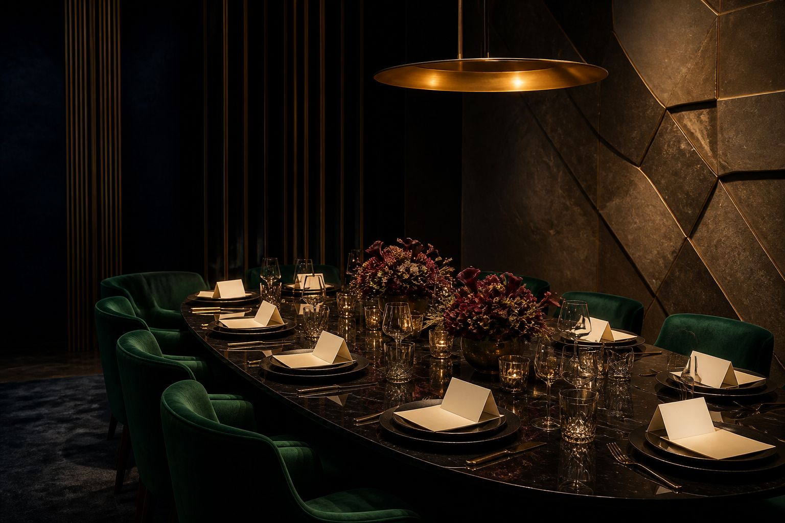 An imagined oval private dining table set for eight with blank ivory place cards, emerald chairs, and burgundy flowers