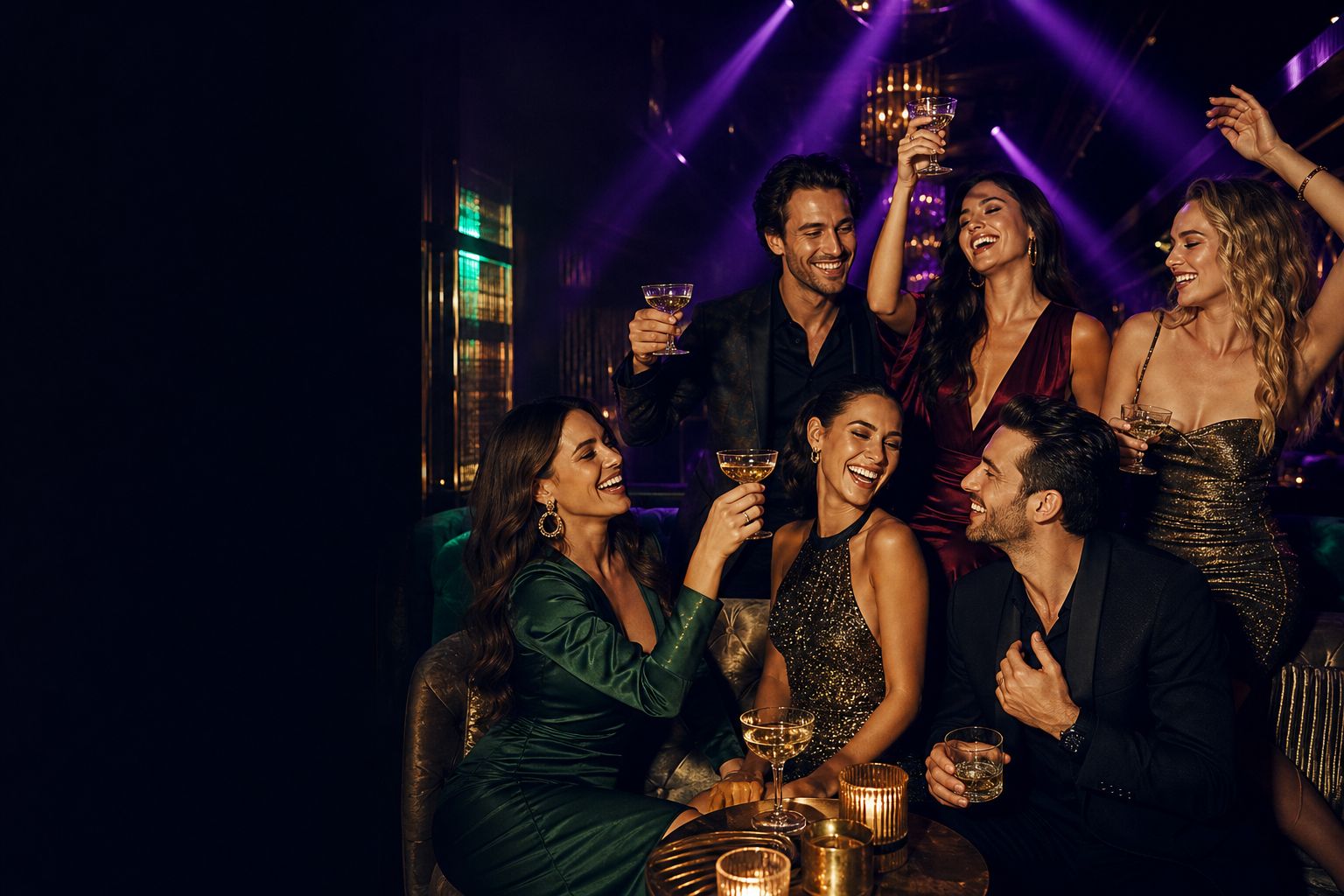A fictional group of adult friends celebrating together in an imagined luxury club