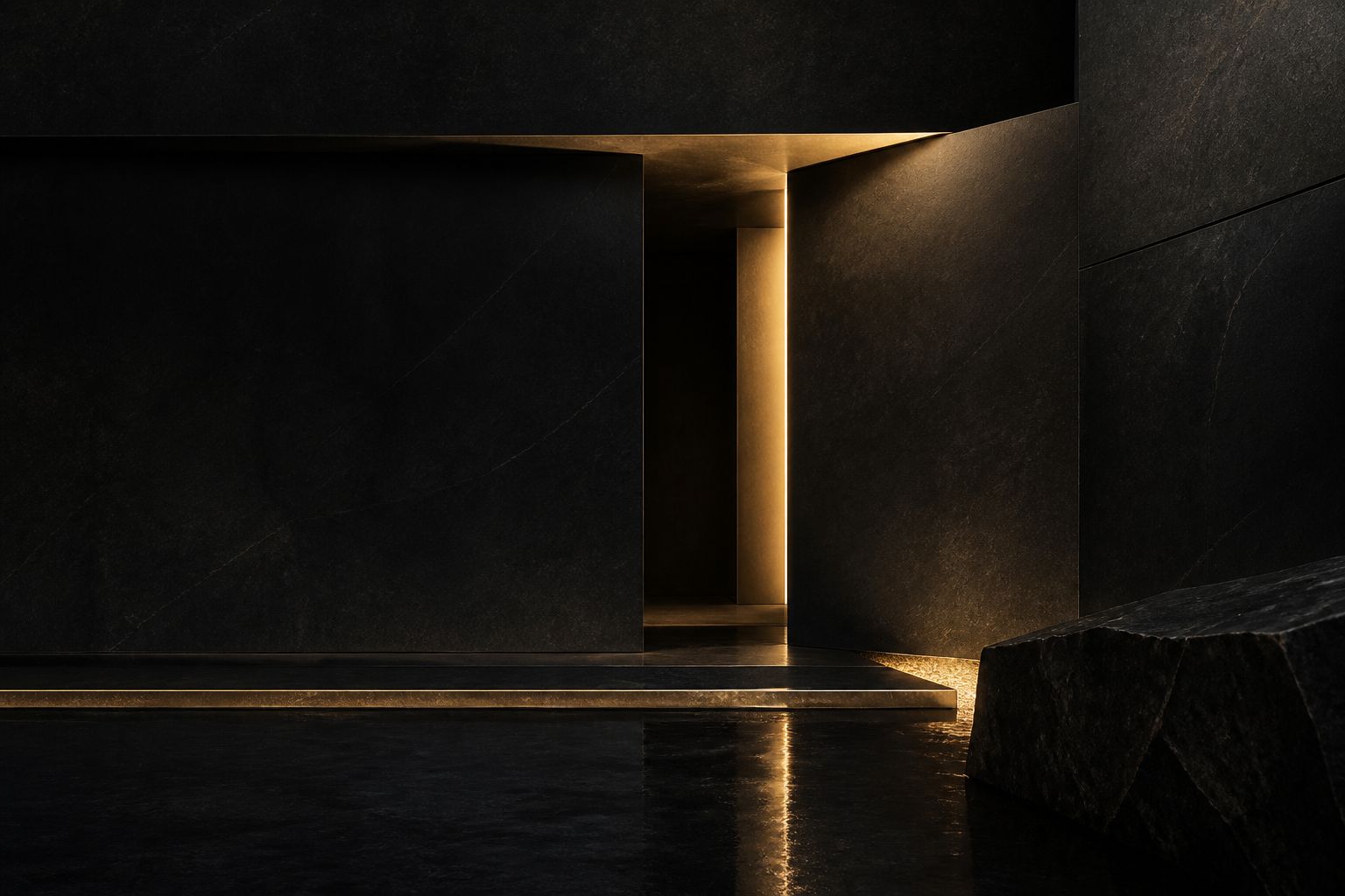 A discreet obsidian entrance with warm gold light, suggesting private Las Vegas access